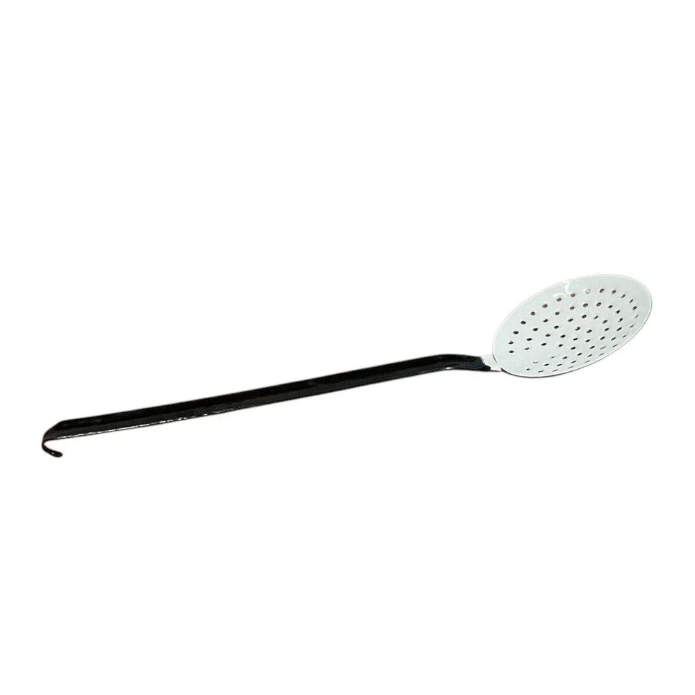 Vintage Enamel Metal Skimmer Red White Strainer Ladle Kitchen Utensil 14.25 inch